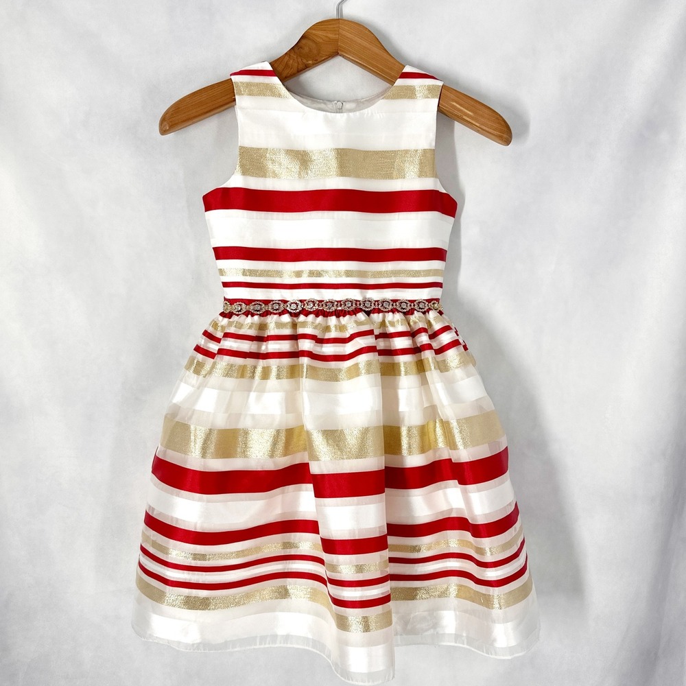 Rare Editions Sleeveless Rhinestone Belt Striped Red Gold White Dress Size 10
